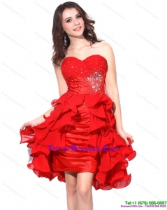 Red Ruching Sweetheart Prom Dresses with Beading and Ruffles