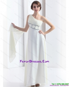 2015 New Style One Shoulder White Stylish Prom Dress with Watteau Train and Beading