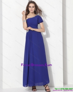 Modest One Shoulder Blue Stylish Prom Dress with Ruching and Beading