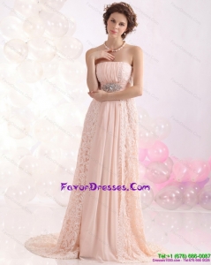 Popular Strapless Sequins and Lace Stylish Prom Dress with Brush Train