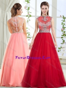 Romantic See Through Back Beaded Wine Red Stylish Prom Dress with High Neck