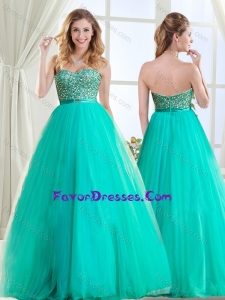 Sophisticated Beaded and Belted Tulle Stylish Prom Dress in Turquoise