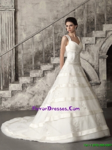 Beautiful Beaded Brush Train Ruched Bridal Dresses in White
