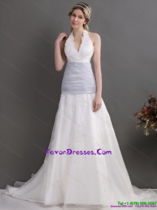 2015 Beautiful Halter Top Bridal Dress with Lace and Ruching