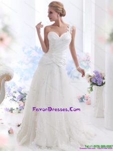 2015 Beautiful Hot One Shoulder Bridal Dress with Ruching and Lace