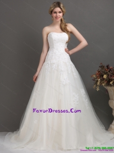 2015 Beautiful Strapless Brush Train Bridal Dress with Beading