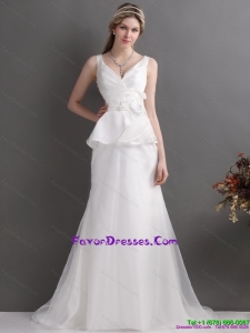 Beautiful Ruching White V Neck Ruffled 2015 Bridal Dresses with Brush Train