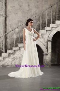 Beautiful Ruching and Beading White Bridal Dresses with Brush Train