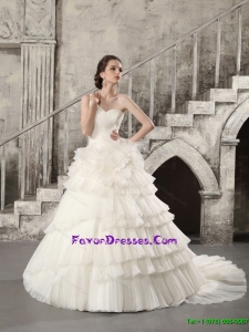 Beautiful White One Shoulder Chapel Train Bridal Dresses with Ruffled Layers