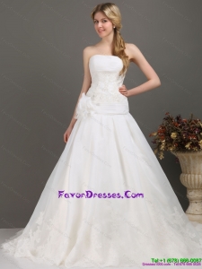 Couture Ruched Beaded White Wedding Dresses with Brush Train and Hand Made Flower
