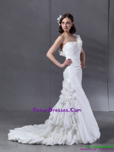 Couture Ruching One Shoulder White Bridal Gowns with Hand Made Flower