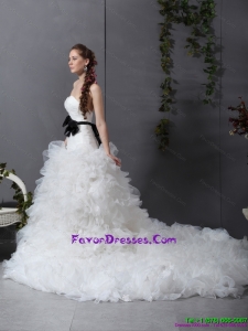 Couture White Chapel Train Ruffled Wedding Dresses with Black Waistband