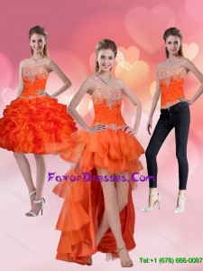 Detachable 2015 High Low Sweetheart Orange Red Prom Dresses with Ruffles and Beading
