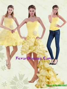 Detachable 2015 Yellow Sweetheart High Low Prom Dress with Beading and Ruffled Layers