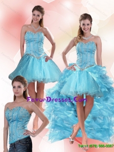 Detachable Aqua Blue Sweetheart High Low Prom Dresses with Ruffles and Beading