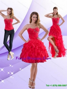 Detachable Strapless Red 2015 Prom Dresses with Ruffles and Beading