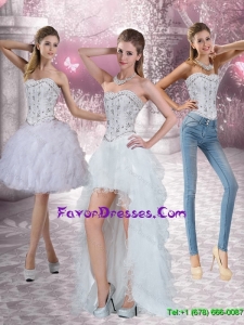 Detachable Strapless White Prom Dresses with Ruffles and Beading