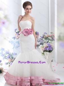2015 Couture Strapless Mermaid Wedding Dress with Ruching and Hand Made Flowers