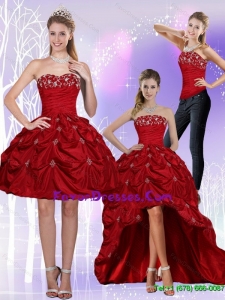 2015 Detachable Strapless Wine Red Prom Dresses with Embroidery