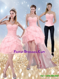 2015 Detachable Sweetheart Baby Pink Prom Dress with Ruffled Layers and Beading