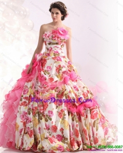 Couture Ruffles Multi Color Bridal Gown with Brush Train and Hand Made Flowers