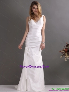 Couture White V Neck Ruching Bridal Dresses with Brush Train
