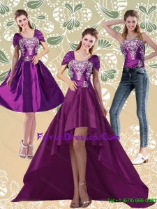 Detachable High Low Embroidery Dark Purple Prom Dresses for 2015