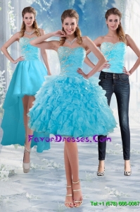 2015 Detachable Sweetheart Baby Blue Prom Gown with Appliques and Ruffles
