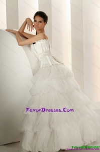 2015 Popular Beaded Strapless White Wedding Dresses with Ruffled Layers