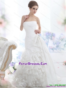 2015 Pretty White Strapless Bridal Gowns with Ruffled Layers and Brush Train