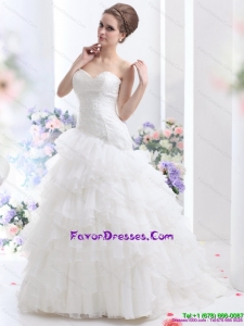 2015 White Brush Train Wedding Dresses with Ruffled Layers and Sequins
