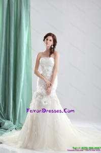 2015 White Chapel Train Strapless Wedding Dresses with Ruching and Hand Made Flowers