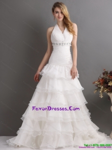 2015 White Halter Top Beading Wedding Dresses with Ruffled Layers and Brush Train