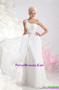 2015 White One Shoulder Wedding Dresses with Ruching and Beading