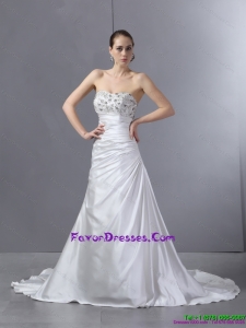 2015 White Pleated Sequined Wedding Dresses with Court Train