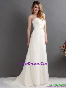 2015 White Strapless Wedding Dresses with Brush Train and Sashes