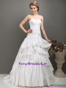 2015 White Sweetheart Brush Train Wedding Dresses with Ruffled Layers