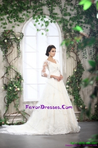2015 White V Neck Lace Wedding Dresses with Brush Train and Beading