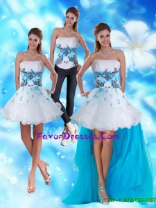 Detachable 2015 Strapless White and Blue Prom Dress with Appliques and Beading
