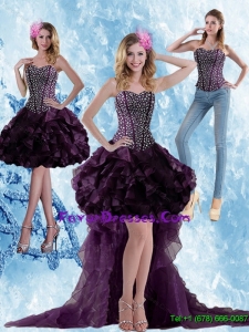 Detachable High Low Dark Purple Prom Dress with Ruffled Layers and Beading