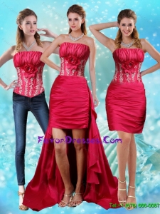 Detachable Strapless Embroidery Red Prom Dresses with Hand Made Flower and Embroidery