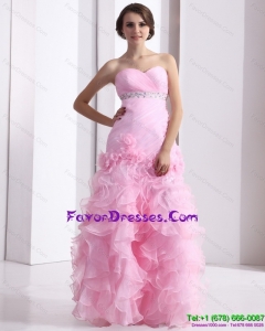 2015 Baby Pink Sweetheart Ruching Wedding Dresses with Ruffles and Beading