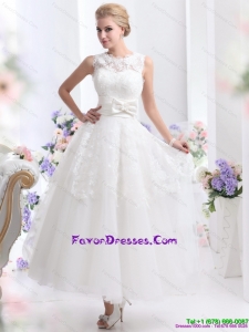 2015 Cute Scoop Ankle Length Wedding Dresses with Lace and Bowknot