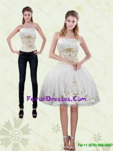 2015 Detachable Strapless Knee Length White Prom Dress with Appliques