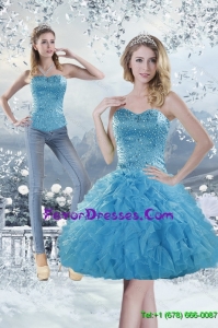 2015 Detachable Sweetheart Aqua Blue Prom Dress with Beading and Ruffles
