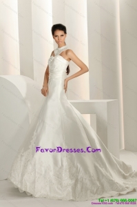 2015 Popular Beading White Wedding Dresses with Brush Train and Lace