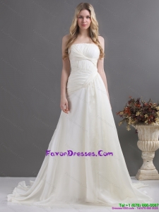 2015 Popular White Strapless Ruching Bridal Gowns with Brush Train