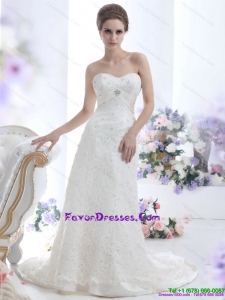 2015 Pretty White Sweetheart Beading Wedding Dresses with Brush Train