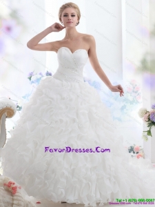 2015 Sweetheart Ruffles and Beading White Wedding Dresses with Brush Train