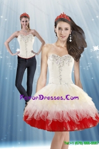 Detachable 2015 White and Red Prom Dress with Beading and Ruffled Layers